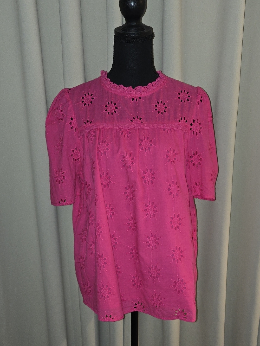 Women's Eyelet Lace Trim Pink Blouse